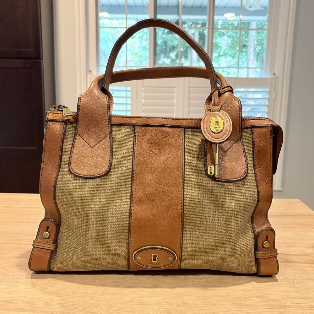 Fossil Canvas and Leather Satchel Handbag Brown Cognac Top Handle Bag Clean